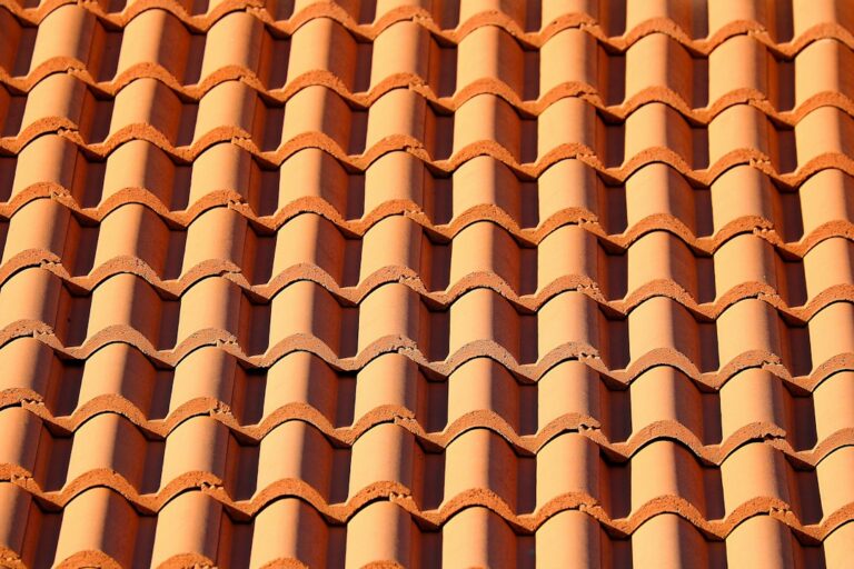 Close-up of overlapping brown clay roof tiles