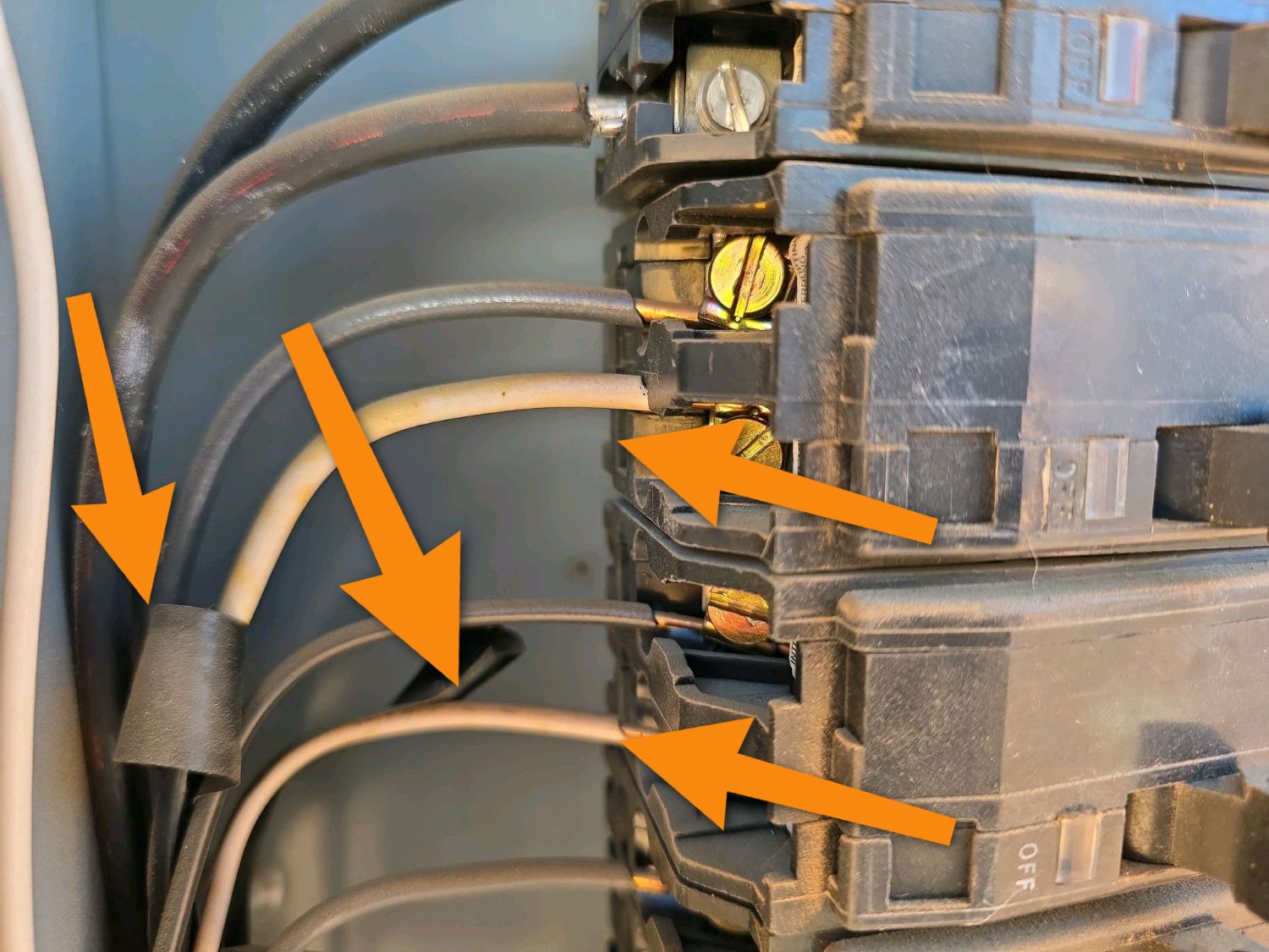 White wires used as hot wires at the breakers, marked with arrows