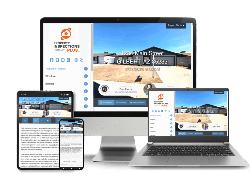 Sample Property Inspections Plus inspection report on phone and laptop