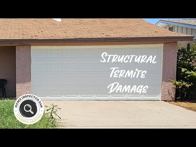 Termite tubes and damage on a sagging garage roof beam in a 1966 Phoenix, Arizona home